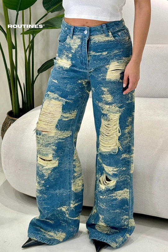 Kristey Distressed Straight Fit Jeans - Blue Jeans Routines Fashion   