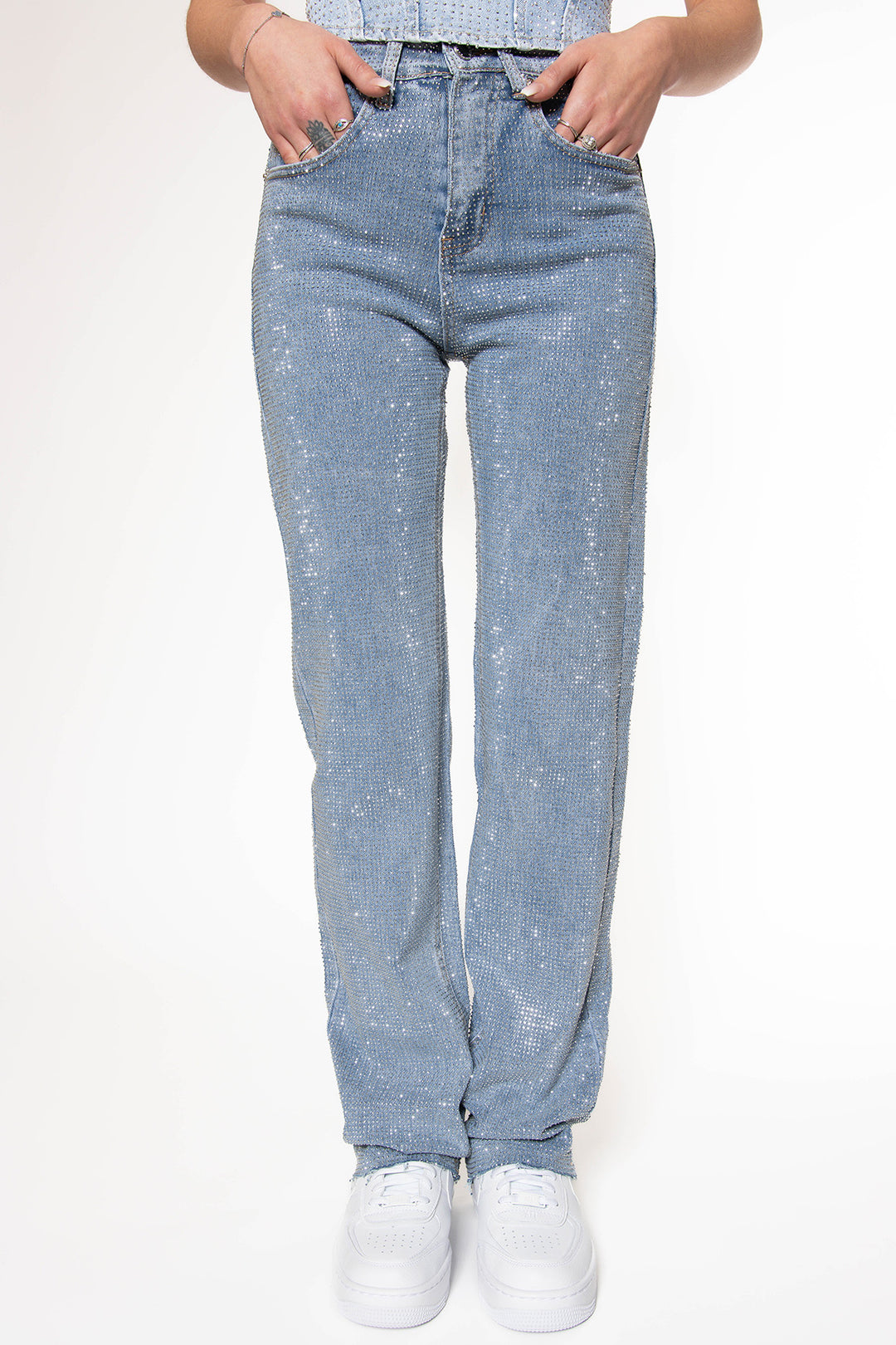 Kyra Stretch Diamonds All Over Straight Jeans - Washed Blue Jeans Routines Fashion   