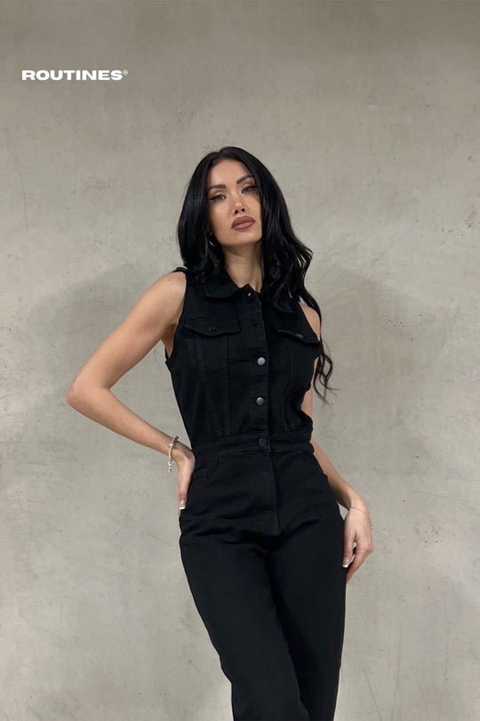 Loise Stretch Denim Jumpsuit - Black Jumpsuit Routines Fashion   