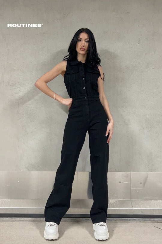 Loise Stretch Denim Jumpsuit - Black Jumpsuit Routines Fashion   