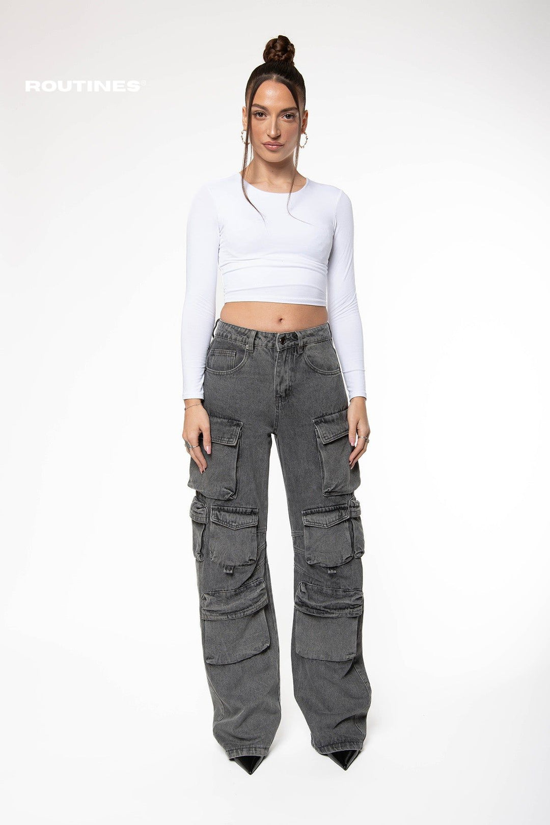 Lyla Multipocket Cargo Jeans - Washed Grey Jeans Routines Fashion   