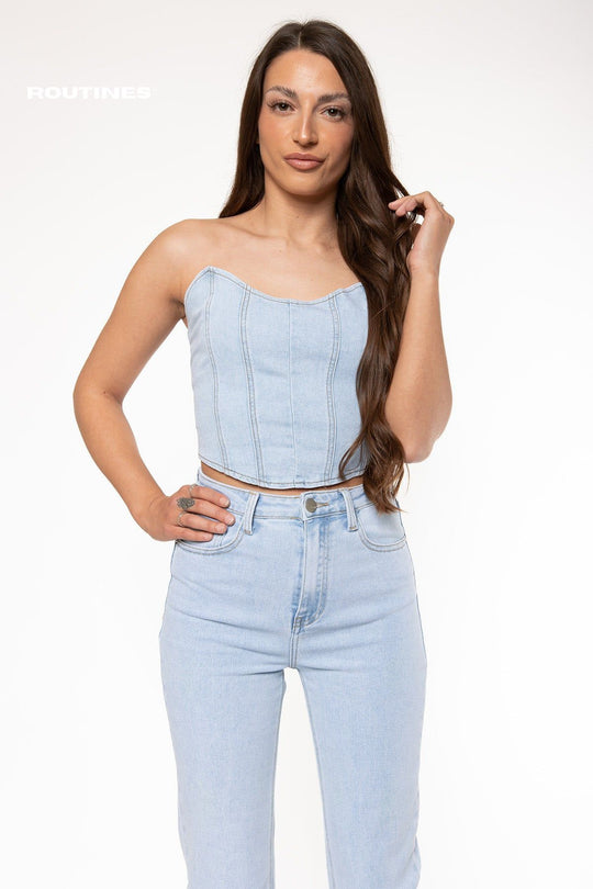 Macie Stretch Corset Denim Top Top Routines Fashion   