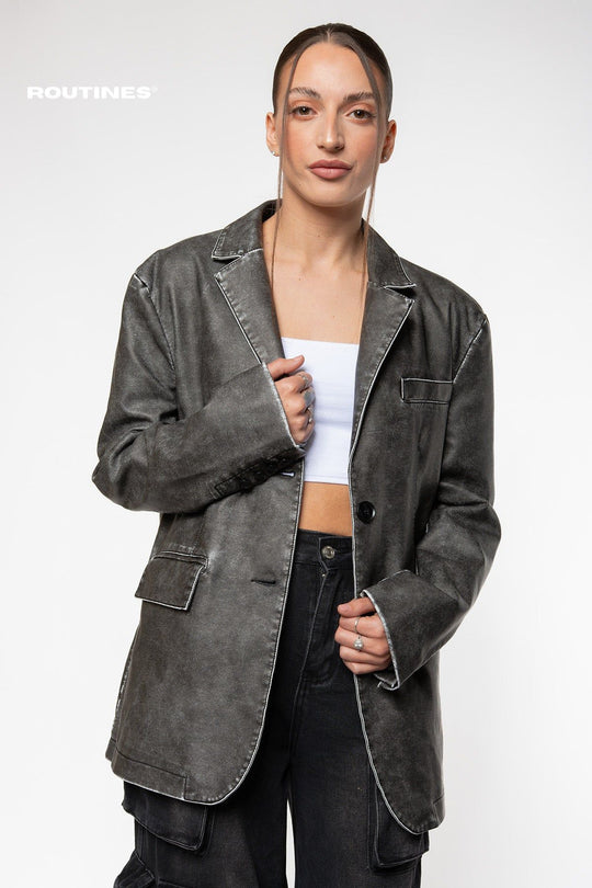 Melia Oversized Faux Leather Blazer - Washed Black Blazer Routines Fashion   