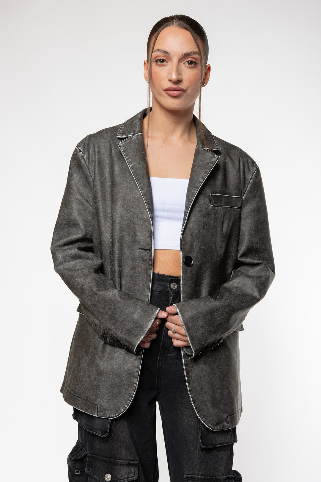 Melia Oversized Faux Leather Blazer - Washed Black Blazer Routines Fashion   