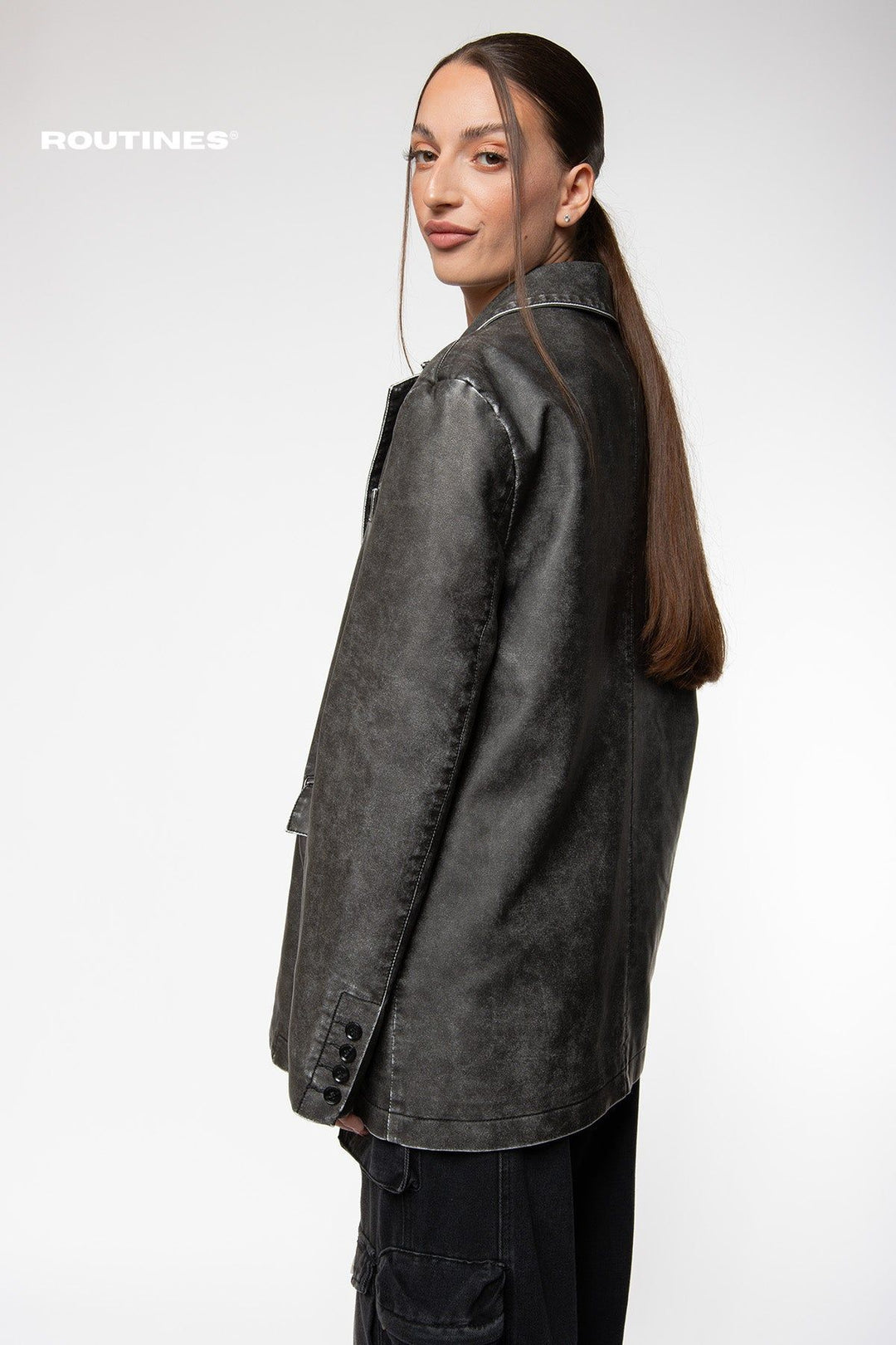 Melia Oversized Faux Leather Blazer - Washed Black Blazer Routines Fashion   