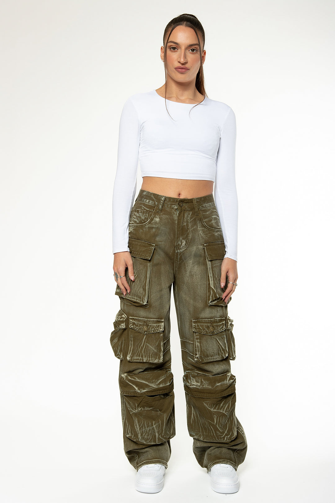 Myla Washed Cargo Jeans - Army Green Jeans Routines Fashion   