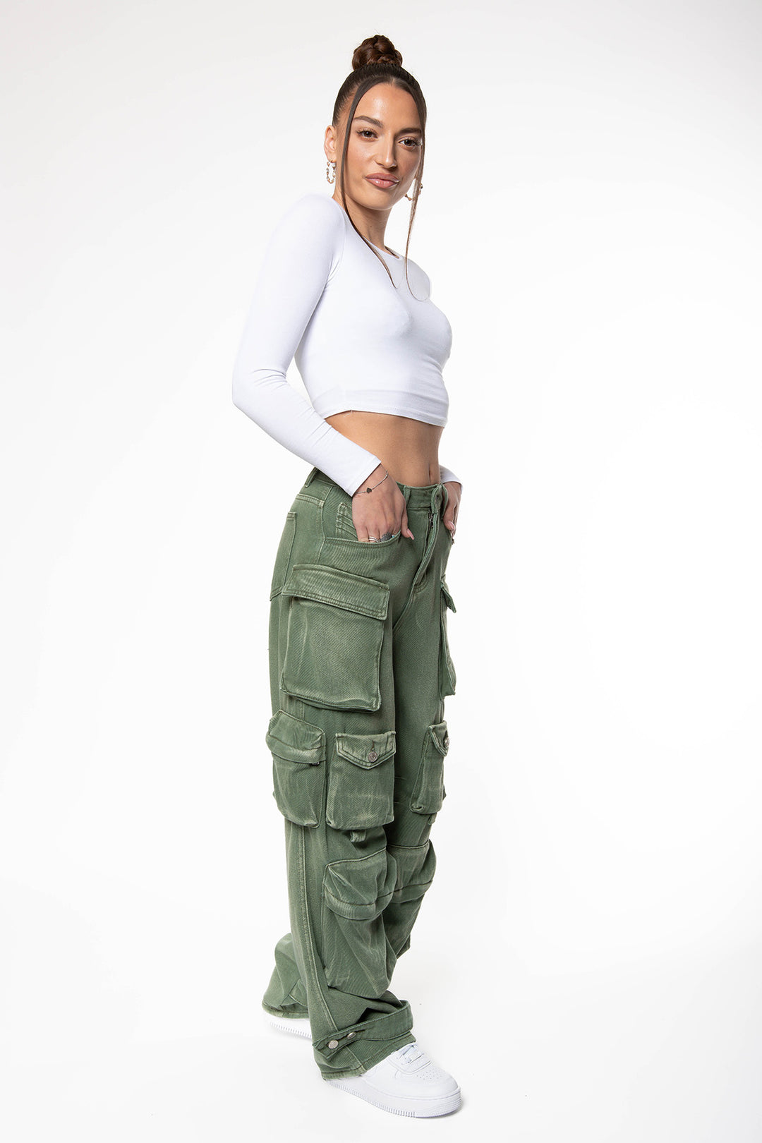Naysia Multipocket Cargo Jeans - Washed Sage Jeans Routines Fashion   