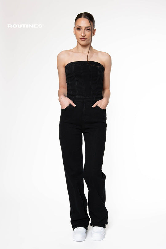 Nicole Stretch Denim Jumpsuit - Washed Black Jumpsuit Routines Fashion   