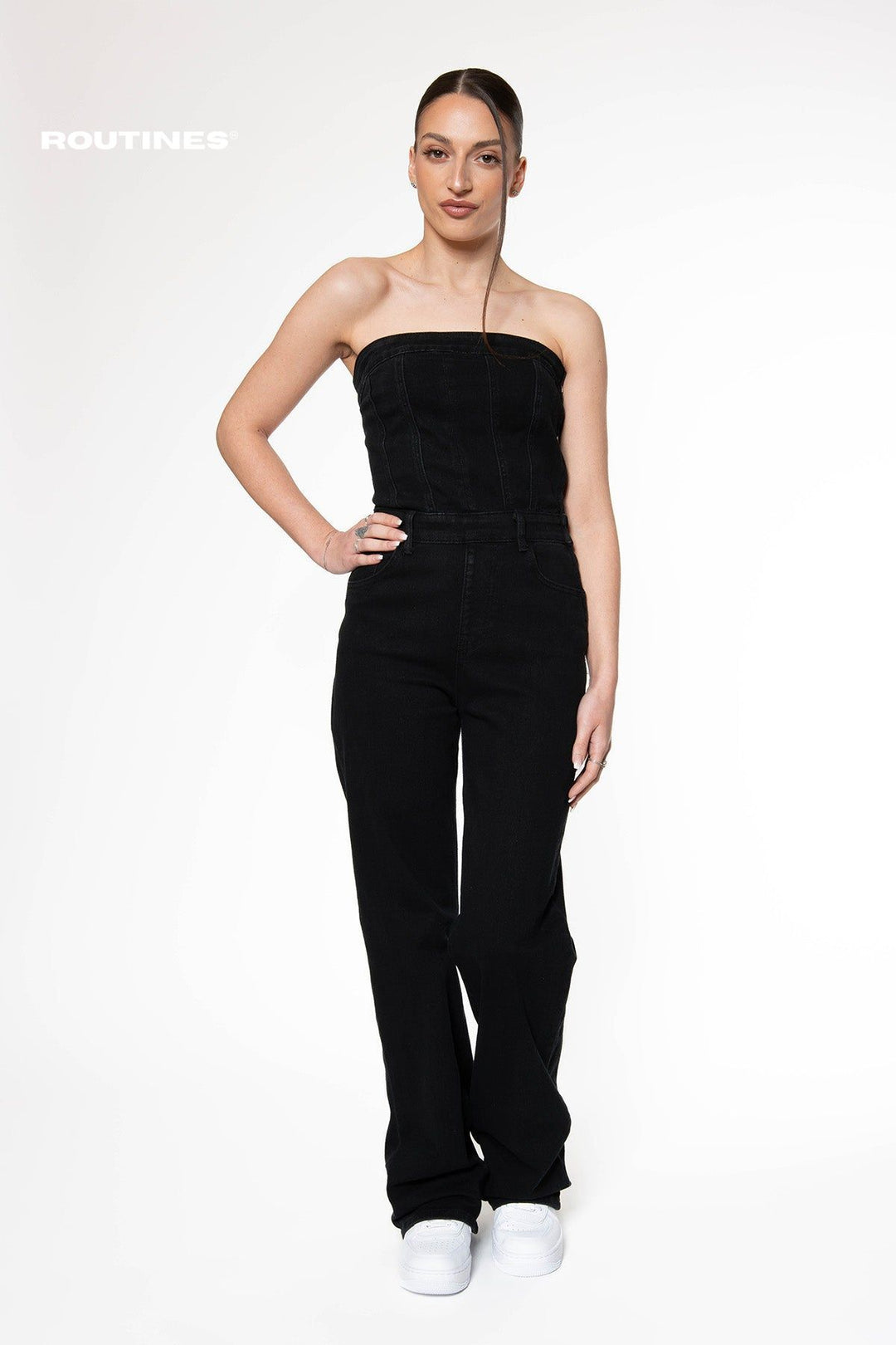 Nicole Stretch Denim Jumpsuit - Washed Black Jumpsuit Routines Fashion   