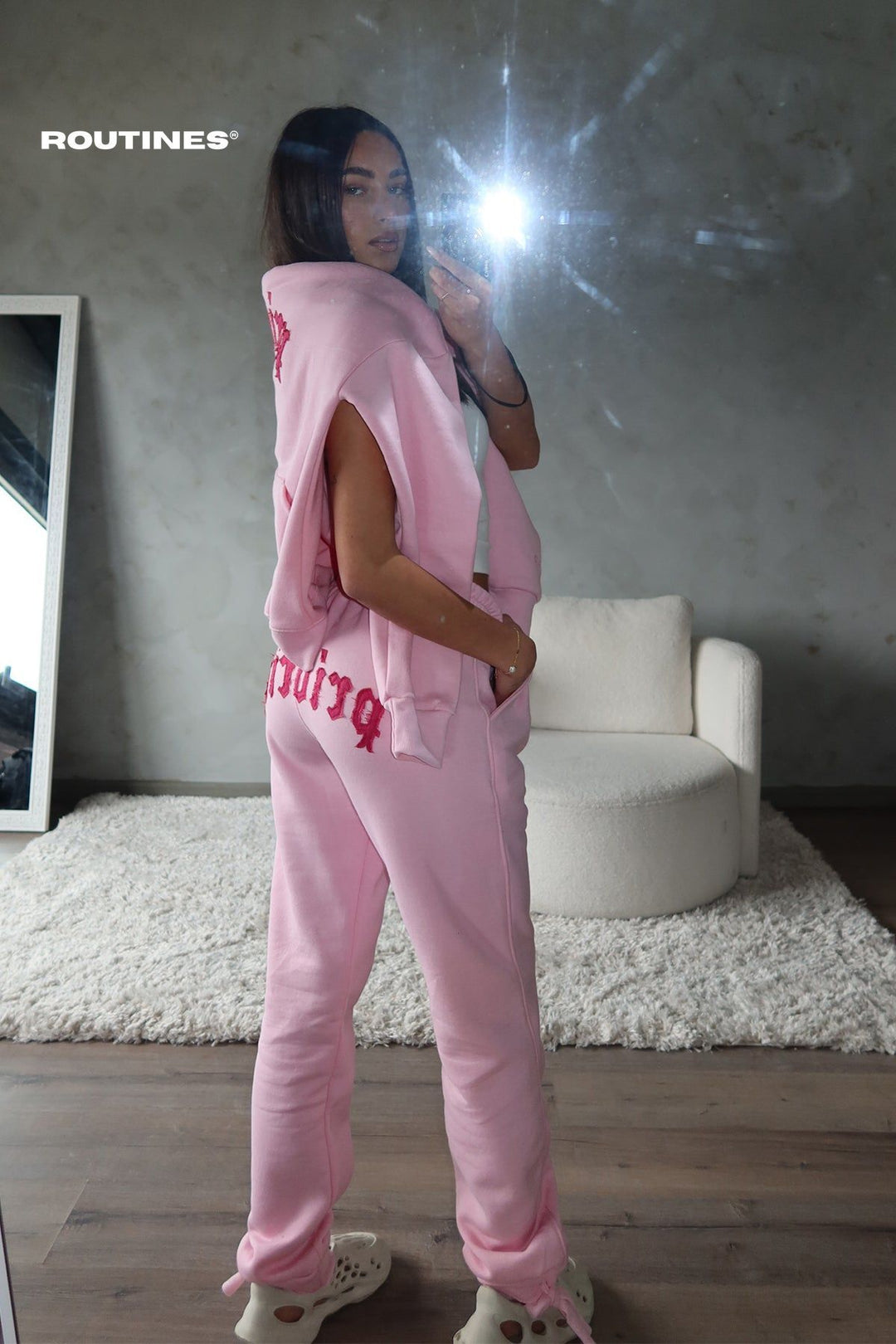 Priority Distressed Patches Tracksuit - Pink Set Routines Fashion   