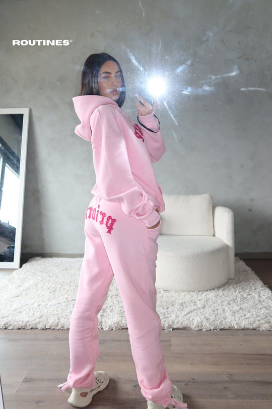 Priority Distressed Patches Tracksuit - Pink Set Routines Fashion   