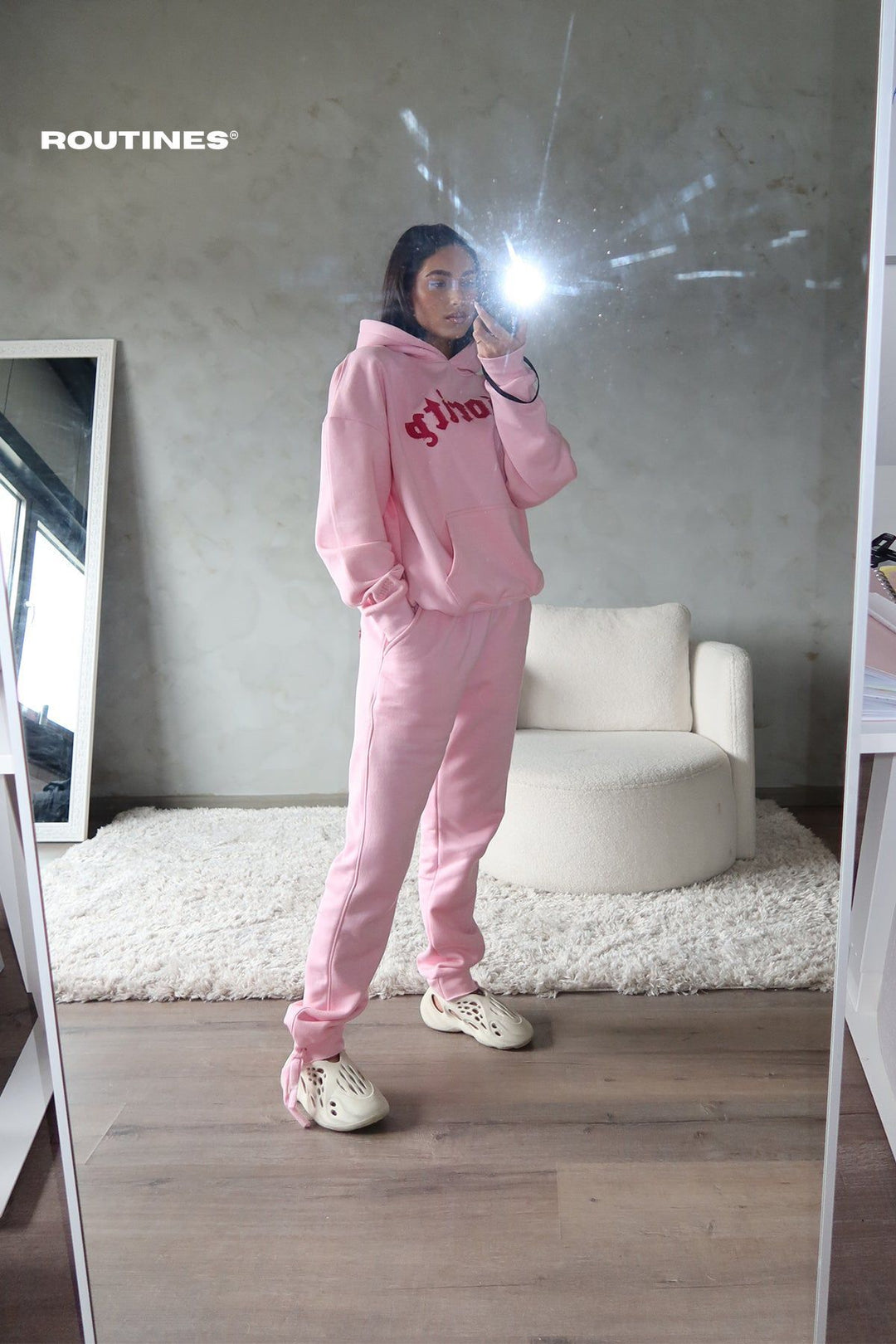 Priority Distressed Patches Tracksuit - Pink Set Routines Fashion   