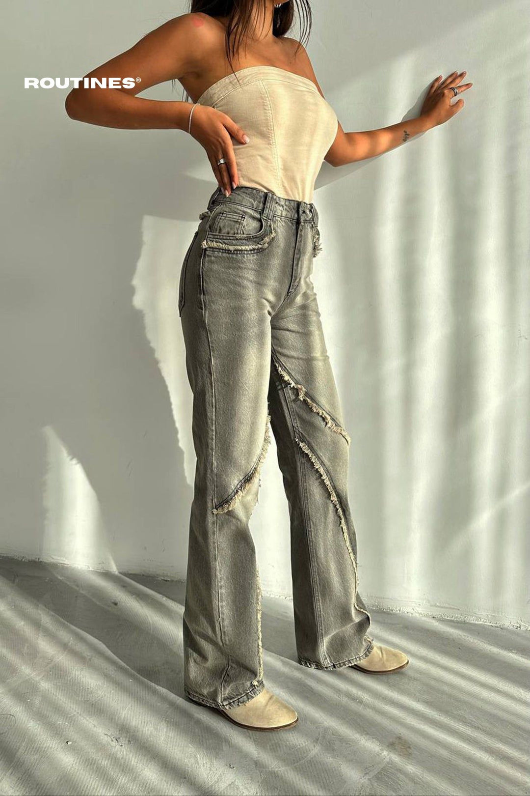 Routines Fringe Straight Leg Jeans - Grey W1919 Jeans Routines Fashion   