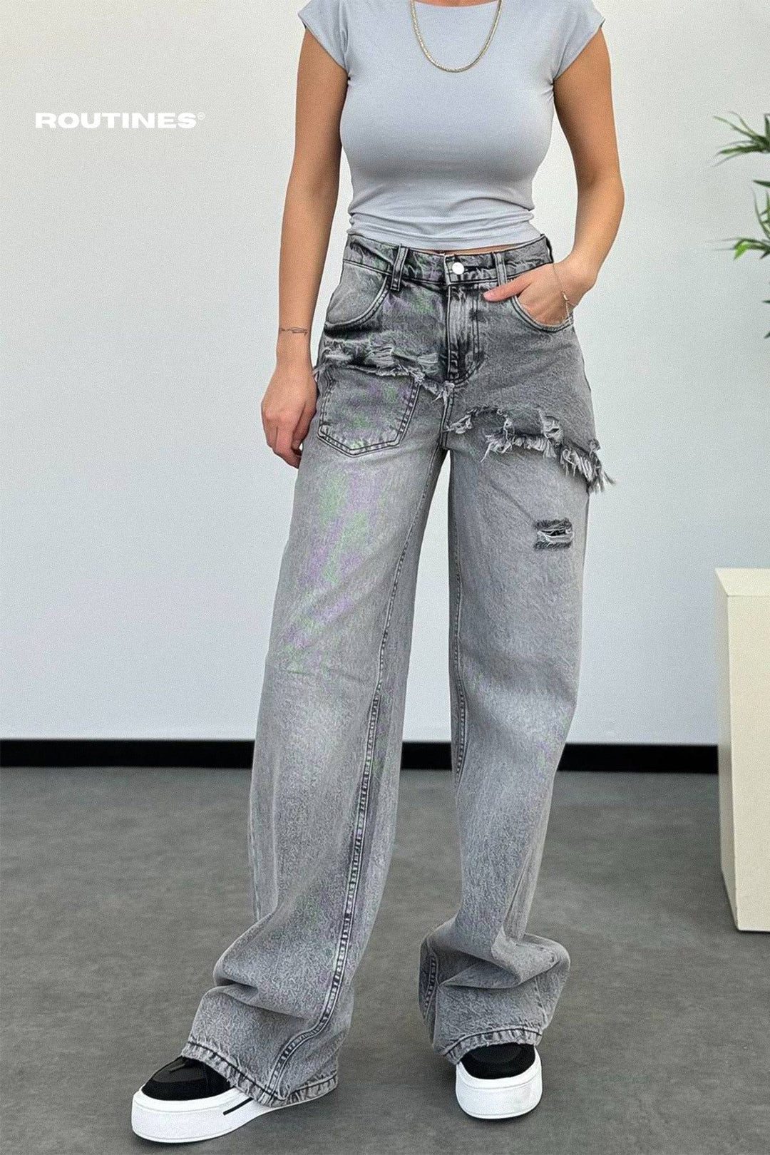 Routines Front Pocket Straight Leg Jeans - Grey 1321-3 Jeans Routines Fashion   