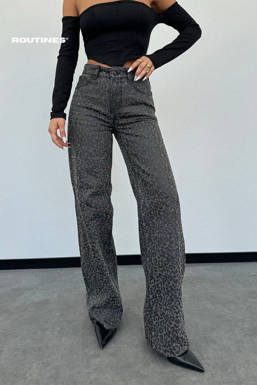 Routines Glitter Leopard Straight Leg Jeans - Black Wash 1220-6 Jeans Routines Fashion   