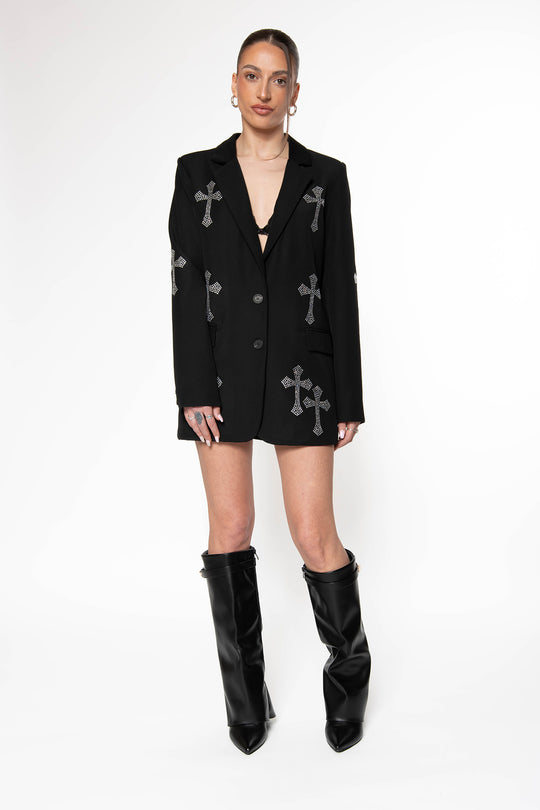 Routines Rhinestone Cross Blazer - Black Blazer Routines Fashion   