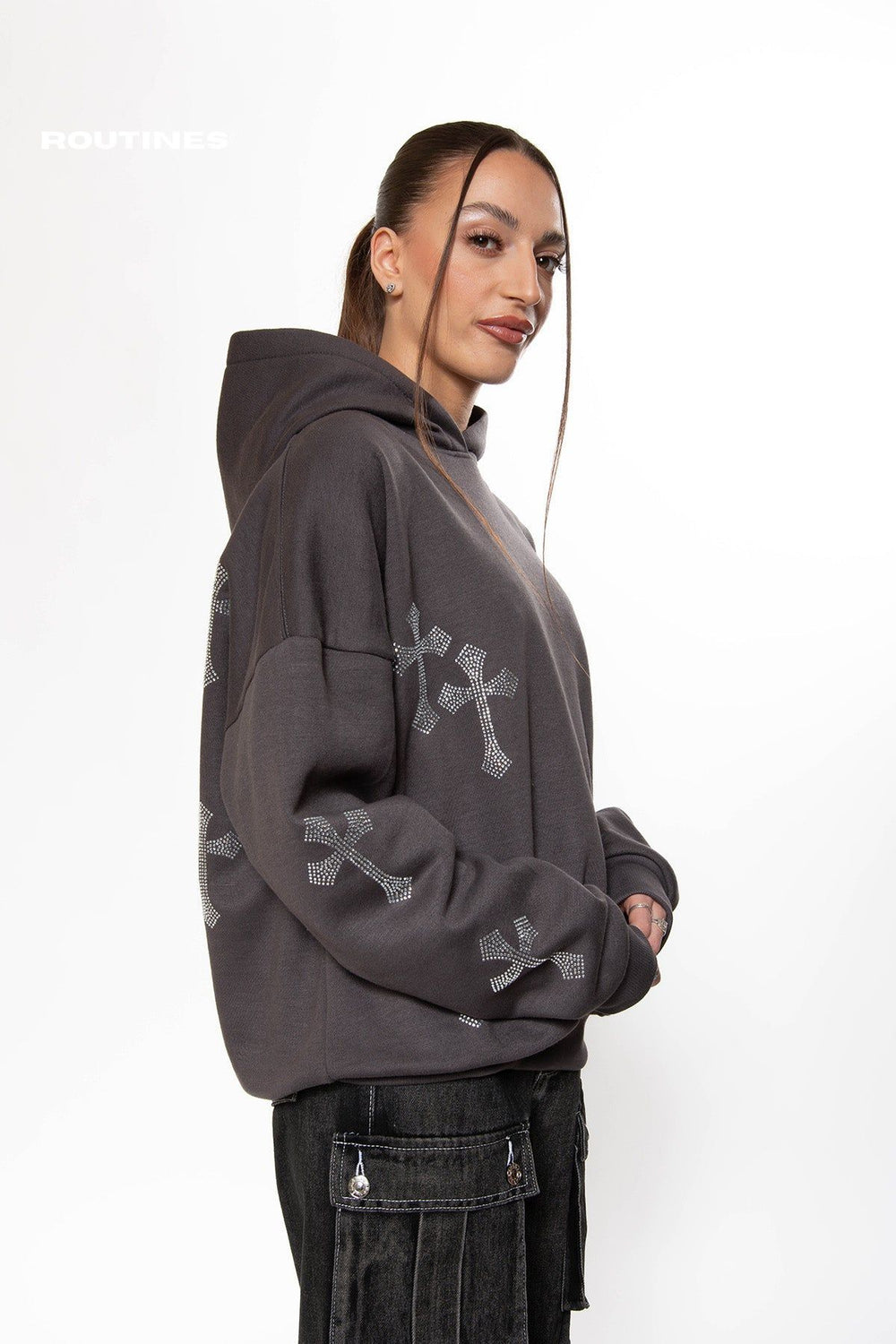 Routines Rhinestone Cross Hoodie - Meteorite Grey Hoodie Routines Fashion   