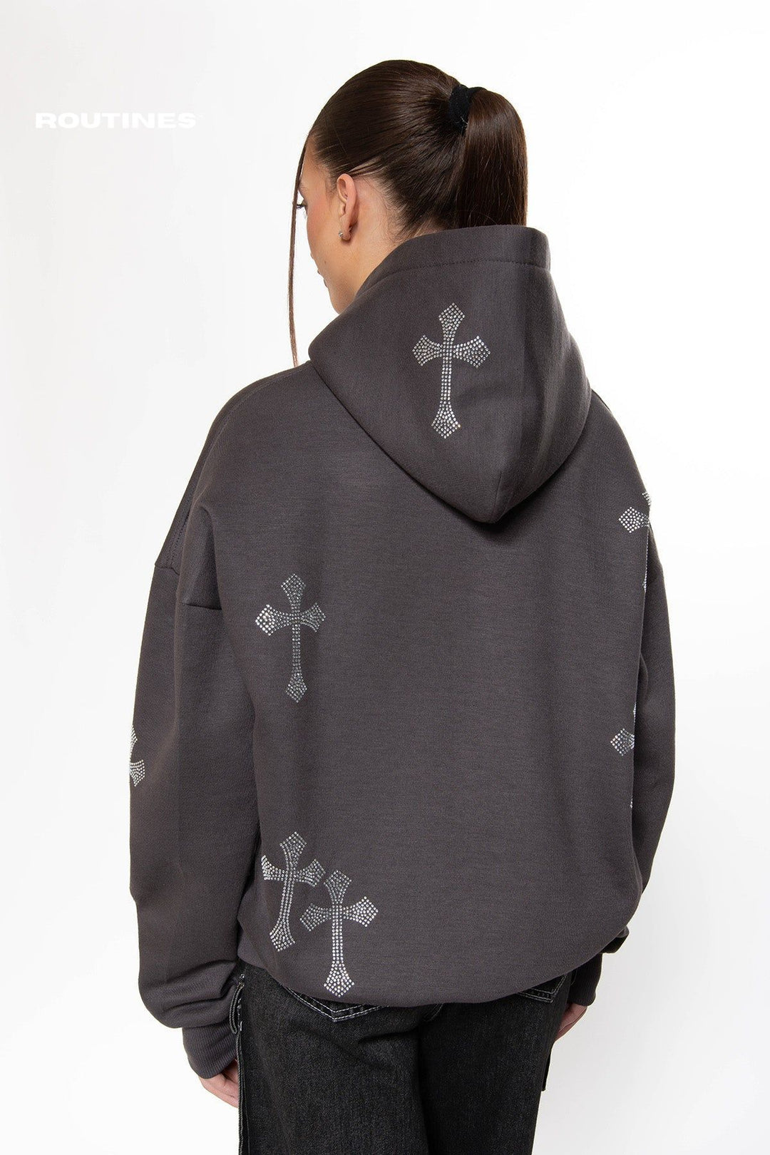 Routines Rhinestone Cross Hoodie - Meteorite Grey Hoodie Routines Fashion   