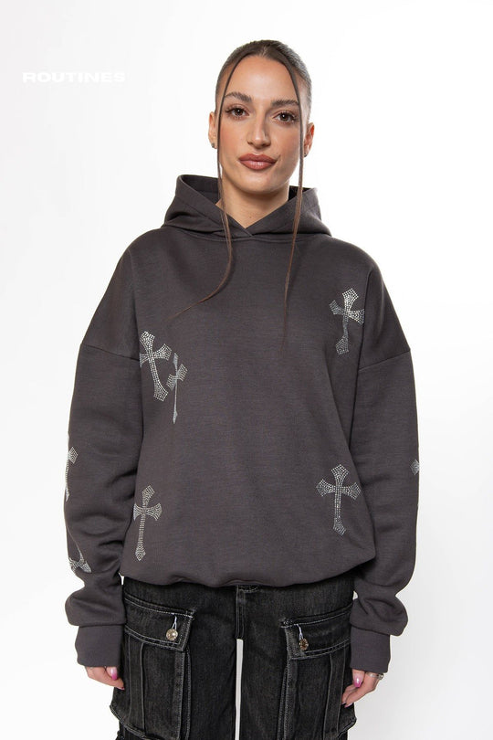 Routines Rhinestone Cross Hoodie - Meteorite Grey Hoodie Routines Fashion   