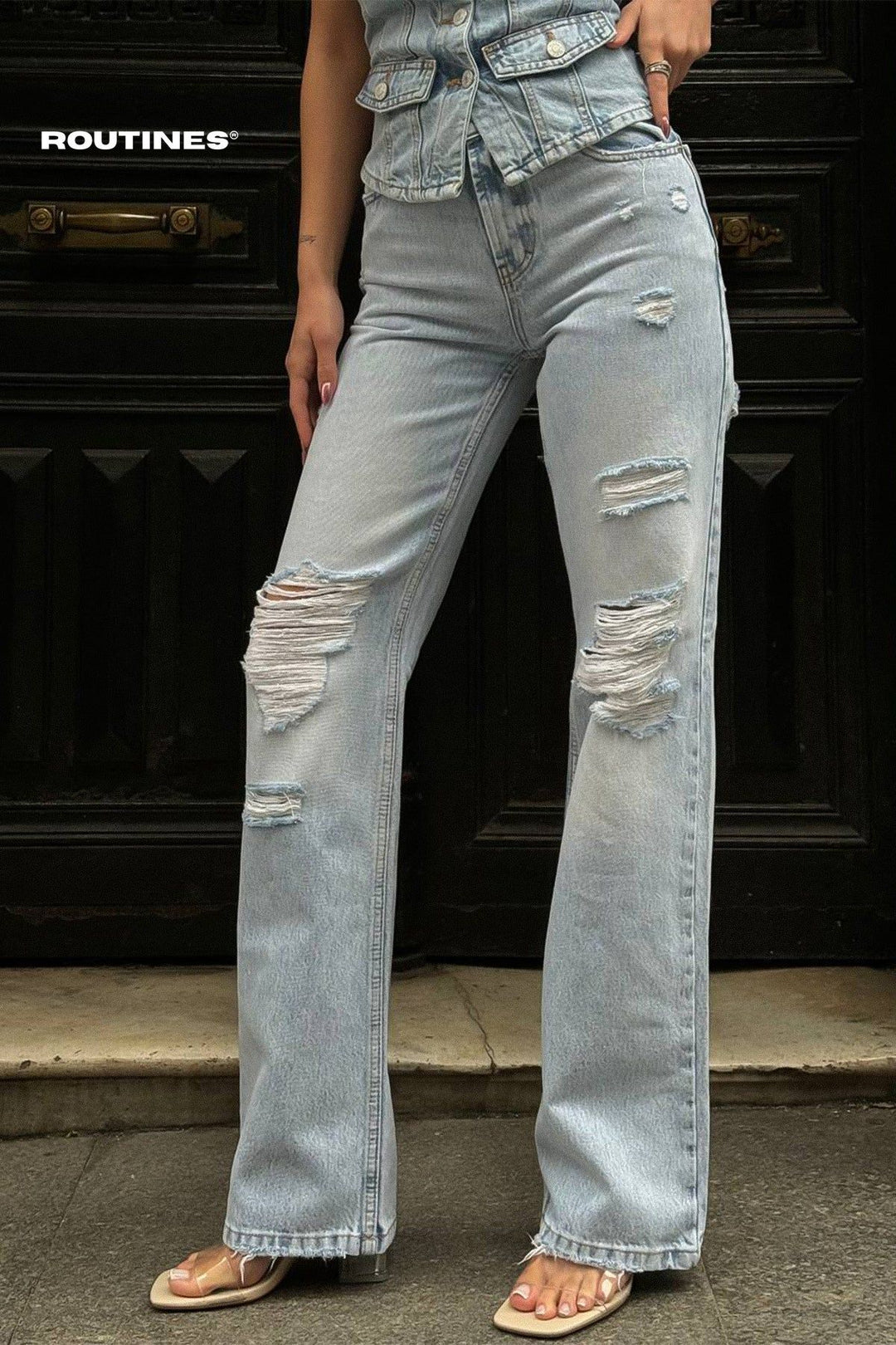 Routines Ripped Straight Leg Jeans - Blue 1282-1 Jeans Routines Fashion   