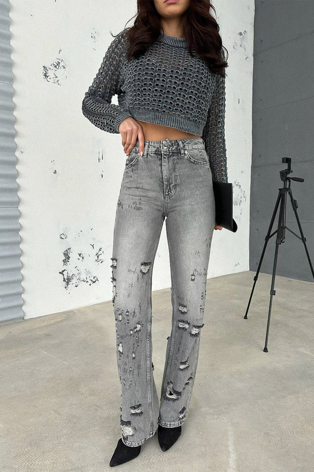 Routines Ripped Straight Leg Jeans - Grey 2335 Jeans Routines Fashion   