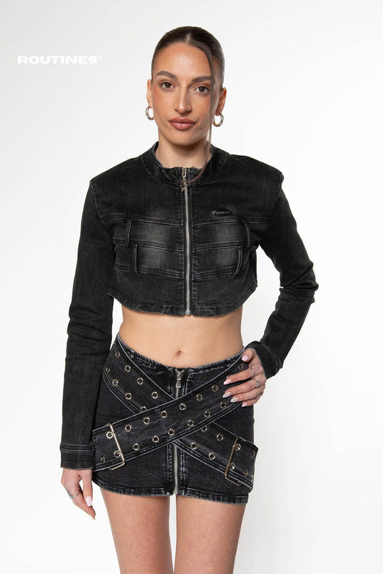 Routines Stretch Cropped Denim jacket - Black Jacket Routines Fashion   