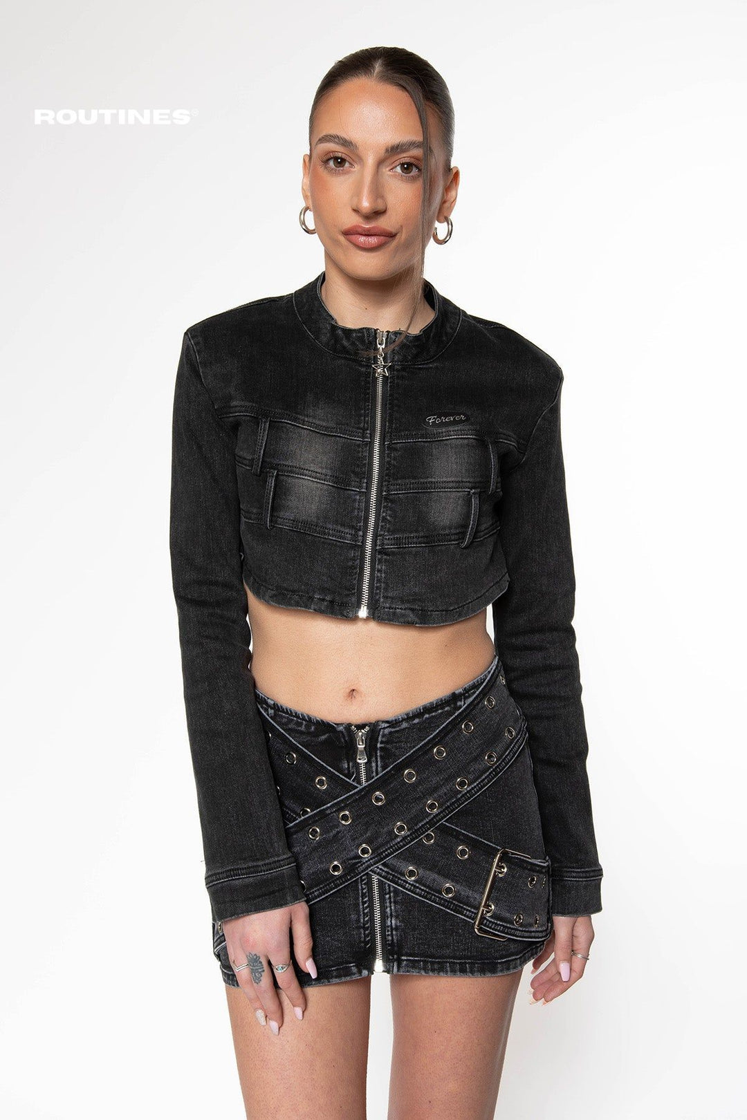 Routines Stretch Cropped Denim jacket - Black Jacket Routines Fashion   