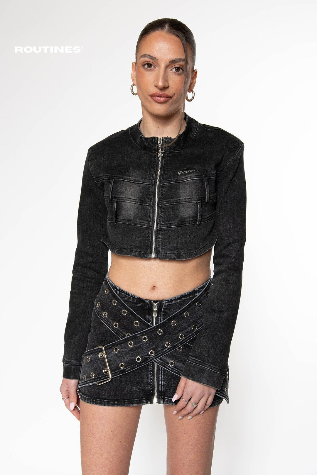 Routines Stretch Cropped Denim jacket - Black Jacket Routines Fashion   