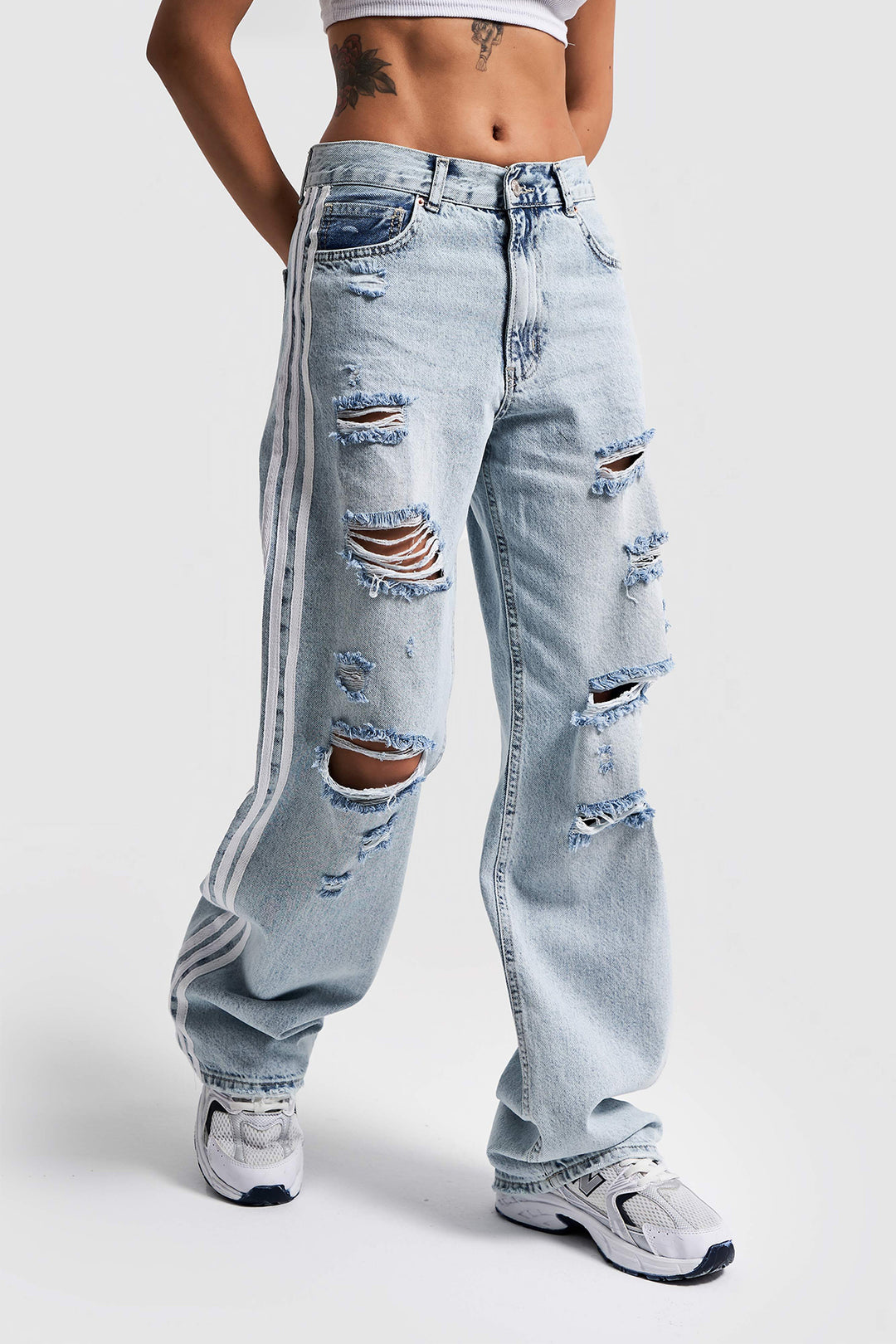 Routines Striped Ripped Straight Leg Jeans 3258 Jeans Routines Fashion   