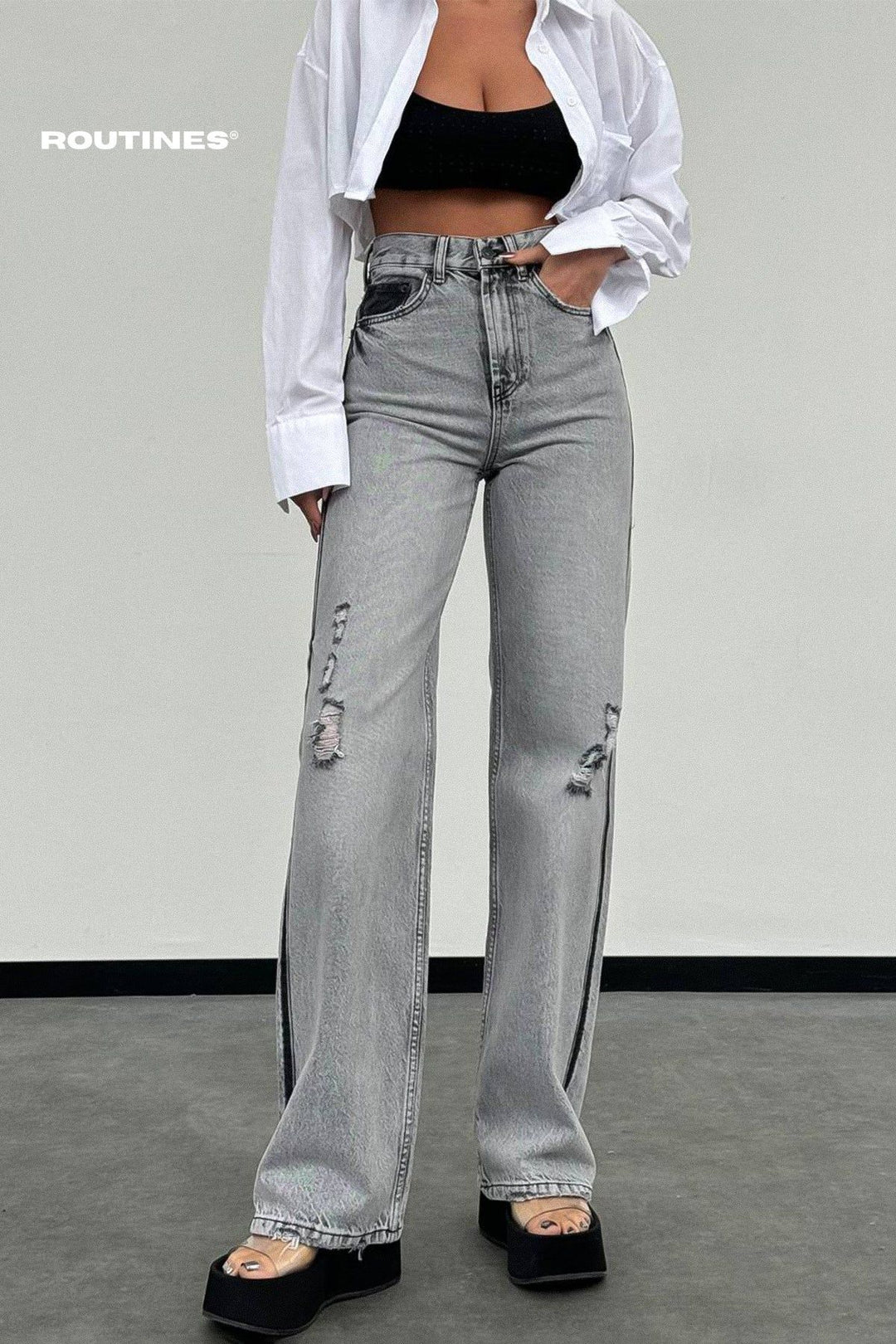 Routines Striped Straight Leg Jeans - Grey 1250-1 Jeans Routines Fashion   