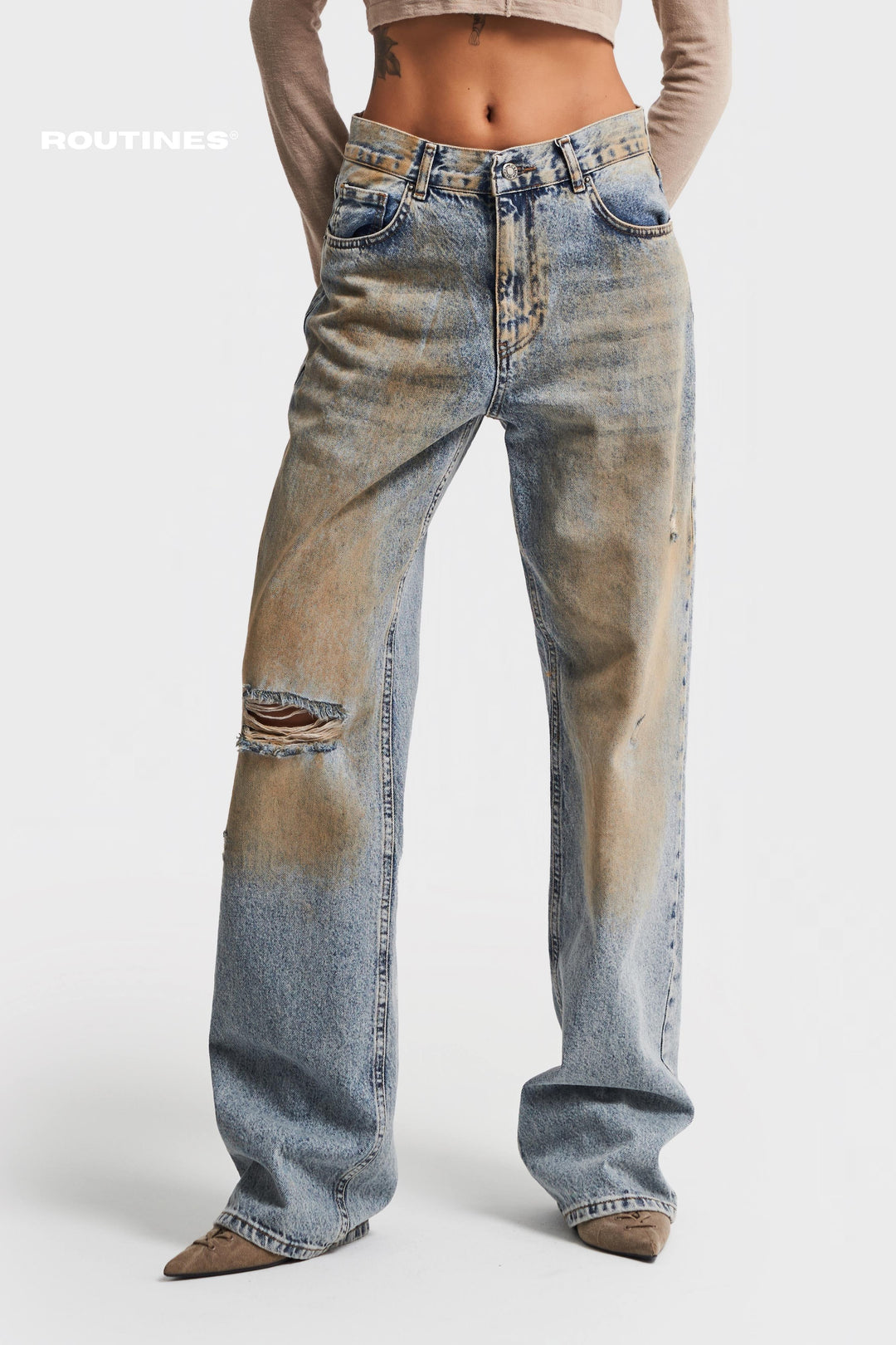 Routines Vintage Wash Ripped Straight Jeans 3444 Jeans Routines Fashion