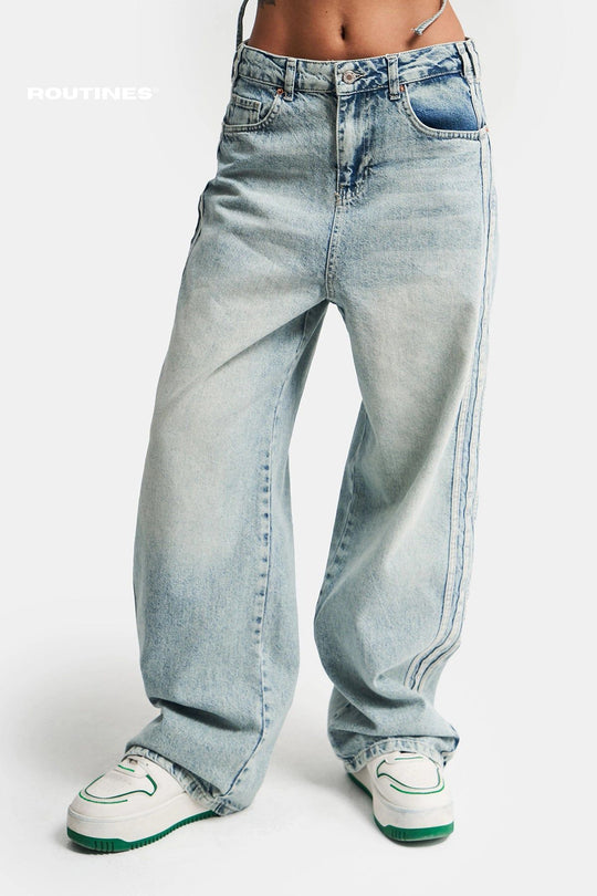 Routines Washed Striped Baggy Jeans 3312 Jeans Routines Fashion   