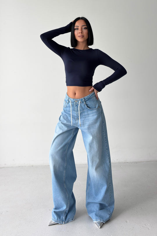 Routines Back Striped Baggy Jeans - Mid Blue 3759 Jeans Routines Fashion