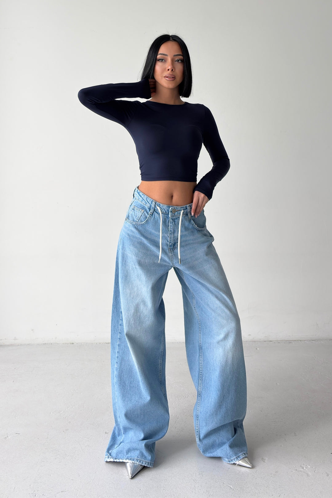 Routines Back Striped Baggy Jeans - Mid Blue 3759 Jeans Routines Fashion