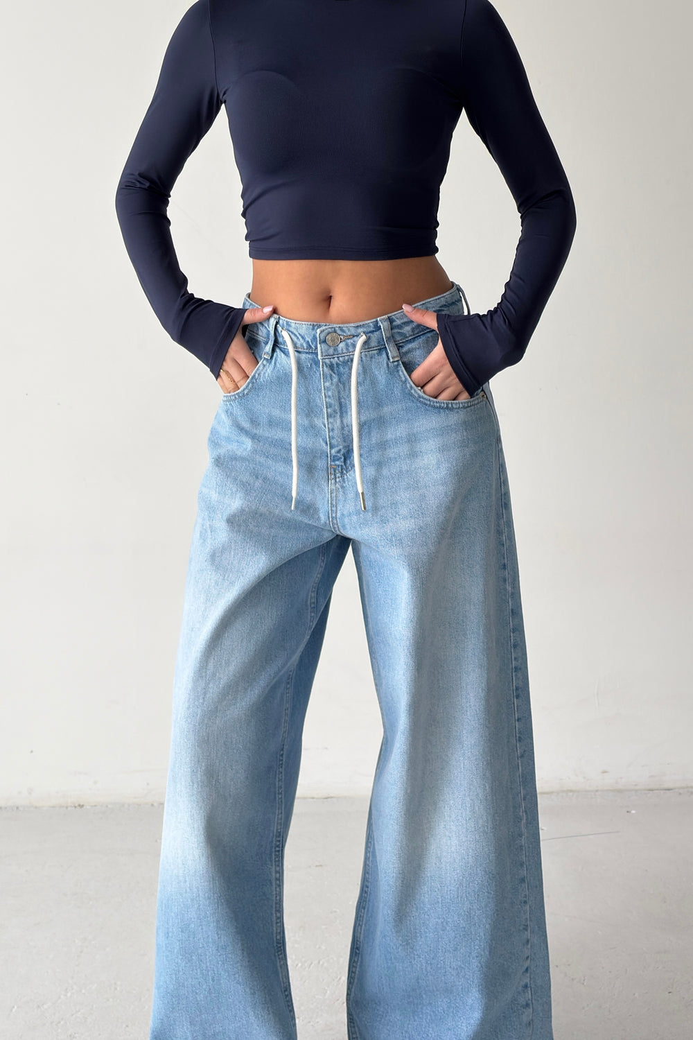 Routines Back Striped Baggy Jeans - Mid Blue 3759 Jeans Routines Fashion