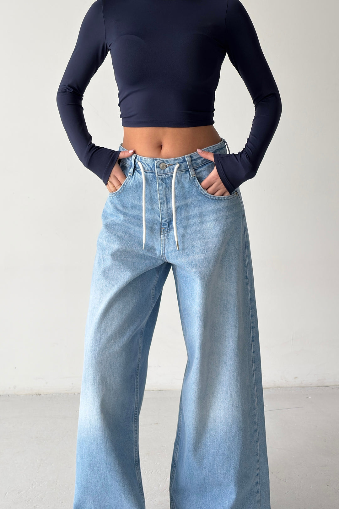 Routines Back Striped Baggy Jeans - Mid Blue 3759 Jeans Routines Fashion