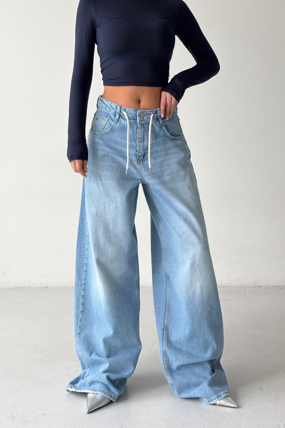 Routines Back Striped Baggy Jeans - Mid Blue 3759 Jeans Routines Fashion