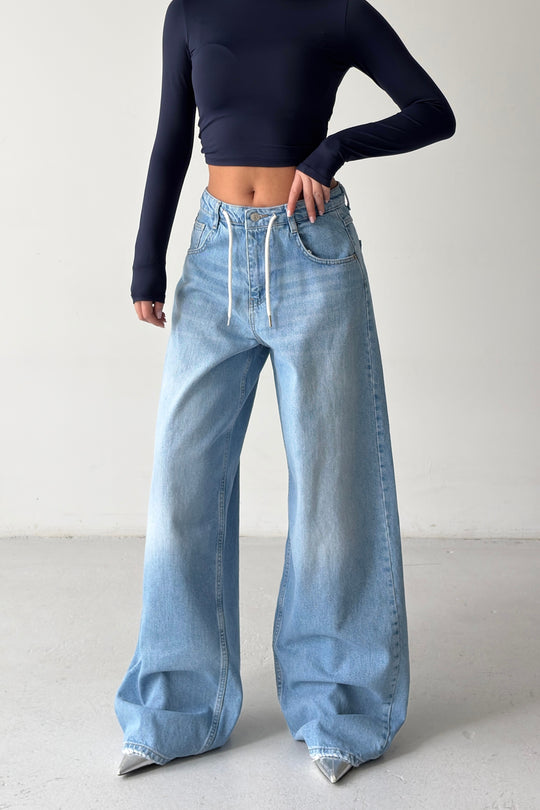 Routines Back Striped Baggy Jeans - Mid Blue 3759 Jeans Routines Fashion