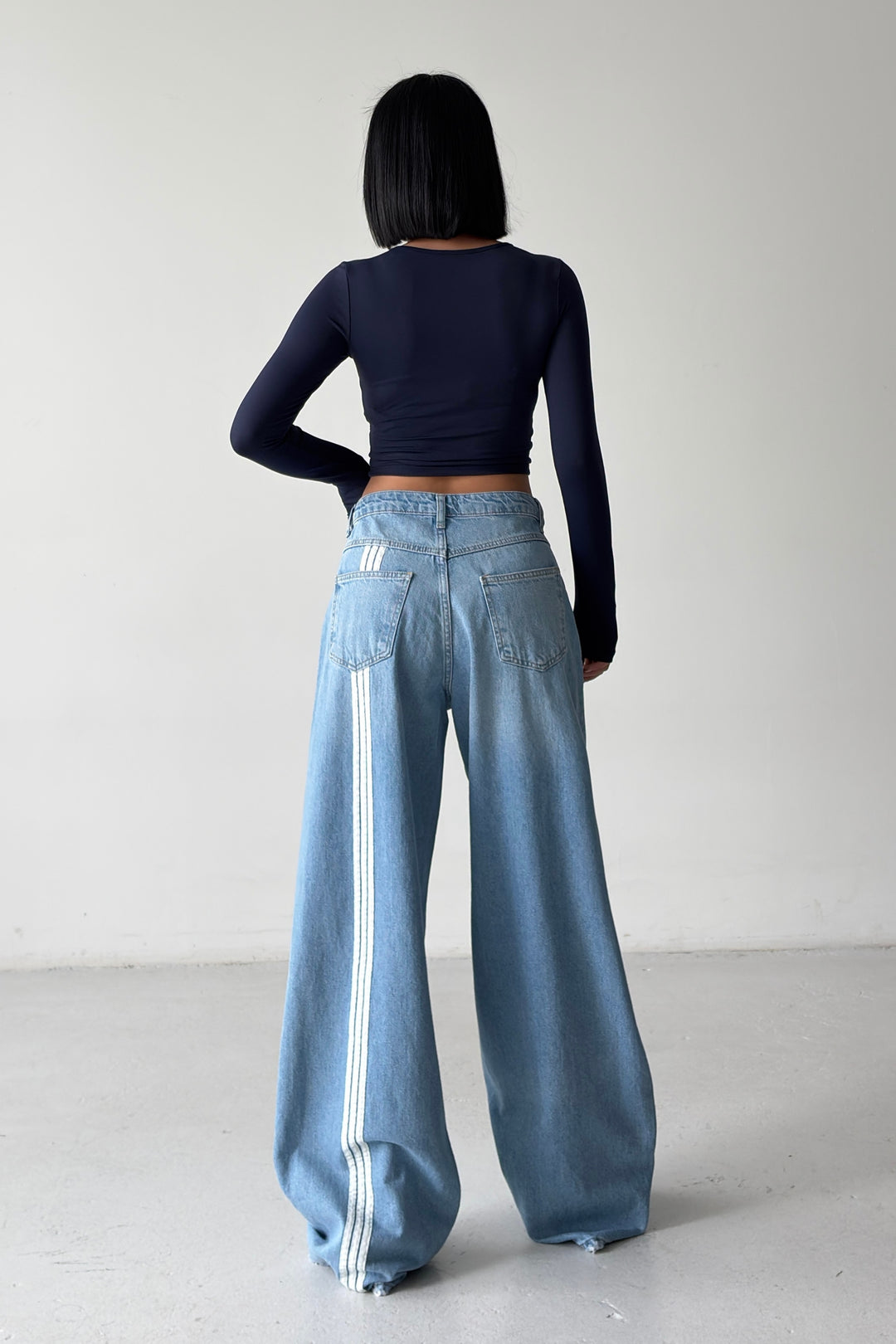 Routines Back Striped Baggy Jeans - Mid Blue 3759 Jeans Routines Fashion