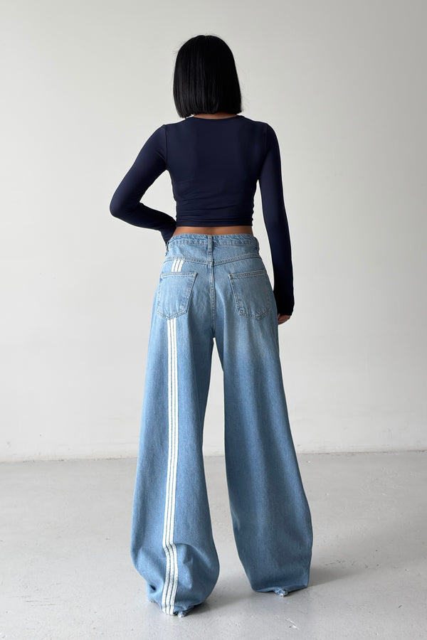 Routines Back Striped Baggy Jeans - Mid Blue 3759