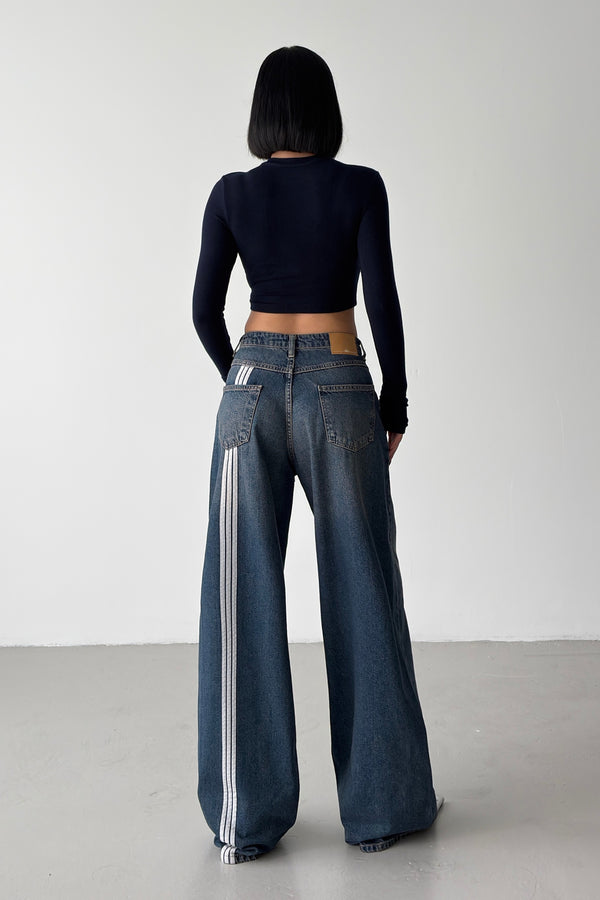 Routines Back Striped Baggy Jeans - Vintage Blue 3911