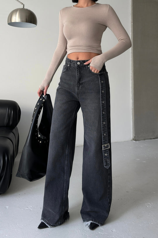 Routines Belt Baggy Straight Jeans - Washed Black 3686 - ROUTINES