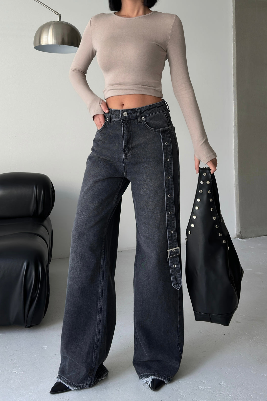 Routines Belt Baggy Straight Jeans - Washed Black 3686 - ROUTINES