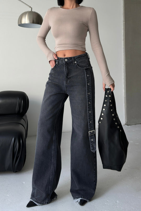 Routines Belt Baggy Straight Jeans - Washed Black 3686 - ROUTINES
