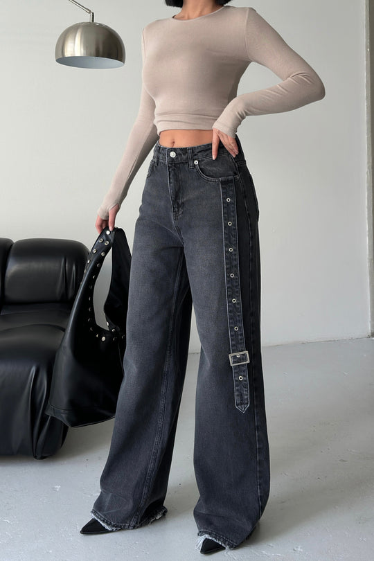 Routines Belt Baggy Straight Jeans - Washed Black 3686 - ROUTINES