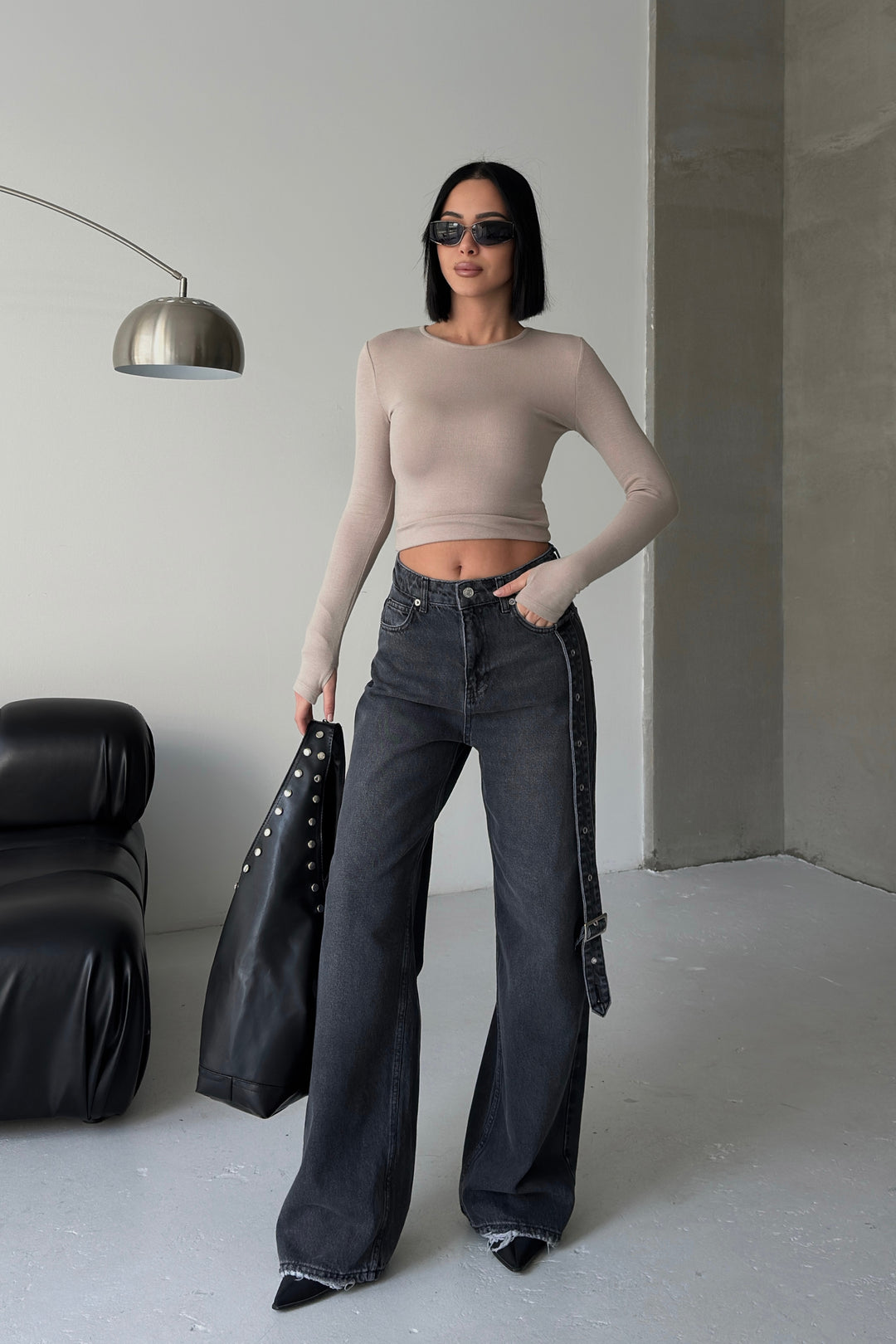 Routines Belt Baggy Straight Jeans - Washed Black 3686 - ROUTINES