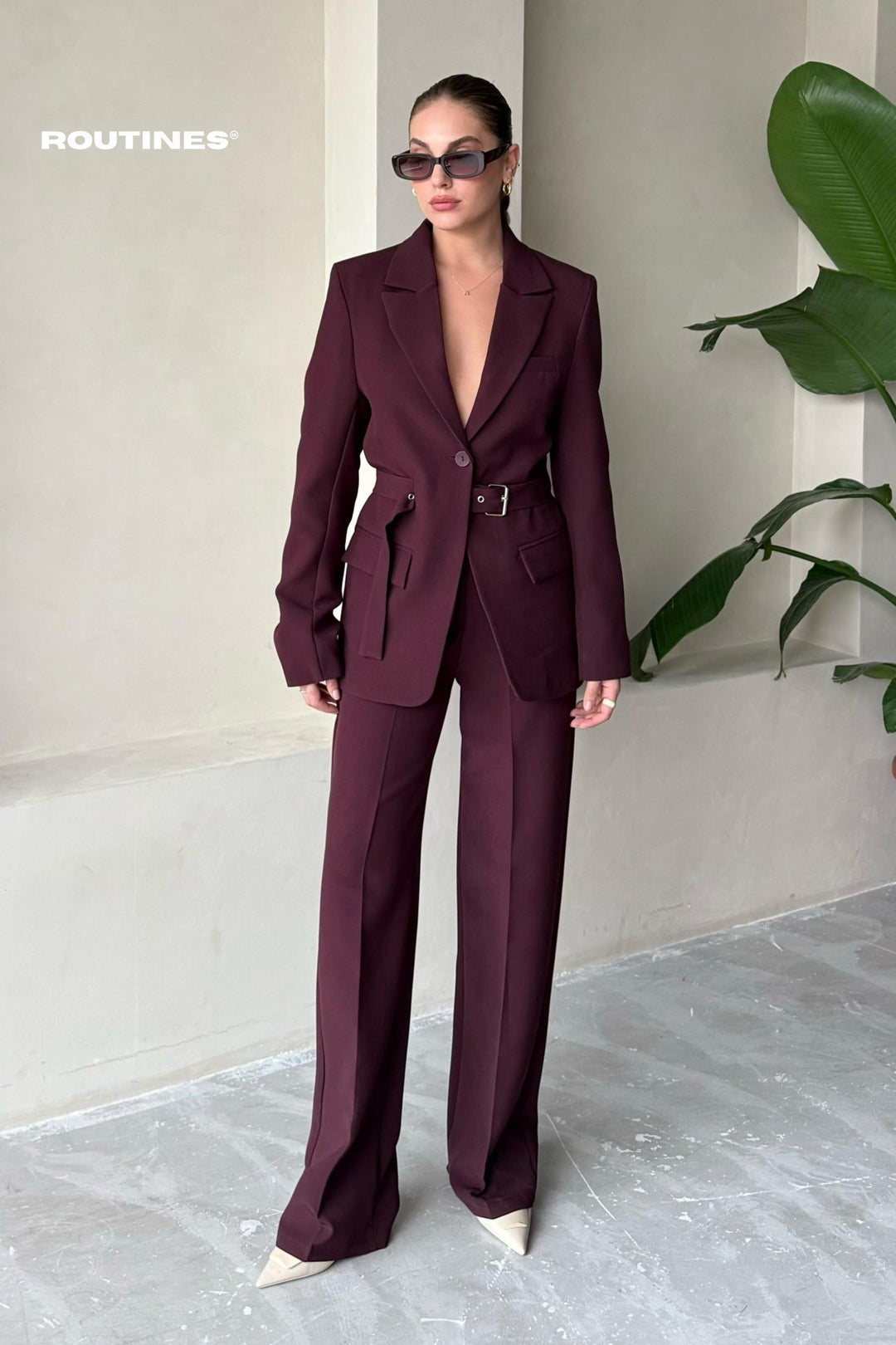 Routines Belted Blazer Two Piece Set - Burgundy 9367 Set Routines Fashion