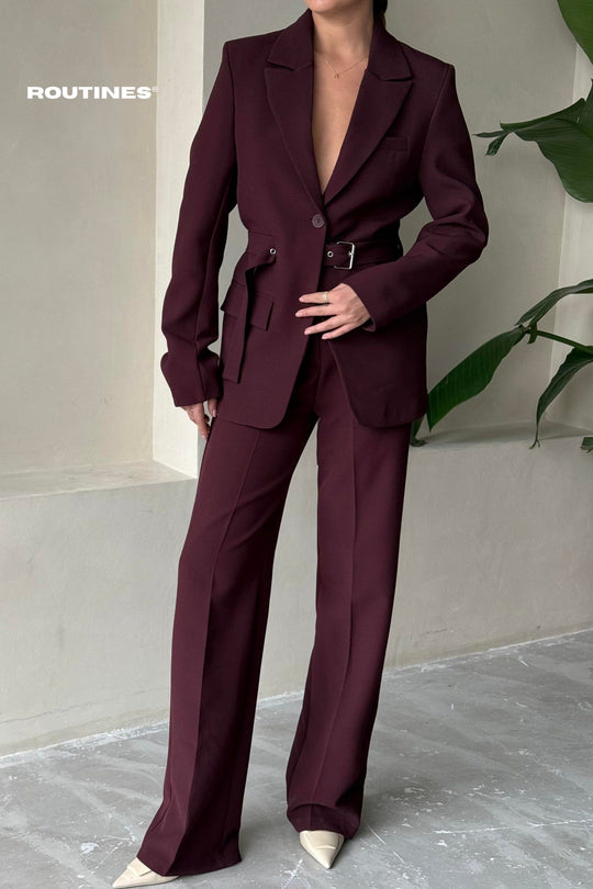 Routines Belted Blazer Two Piece Set - Burgundy 9367 Set Routines Fashion