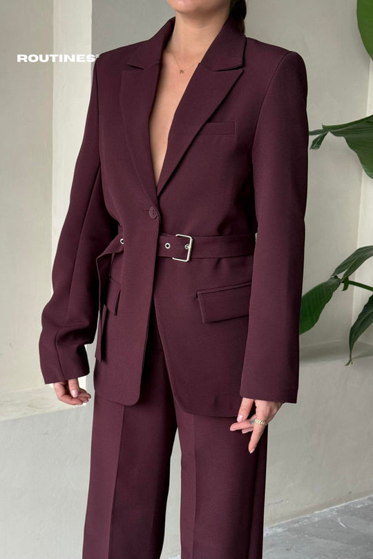 Routines Belted Blazer Two Piece Set - Burgundy 9367 Set Routines Fashion