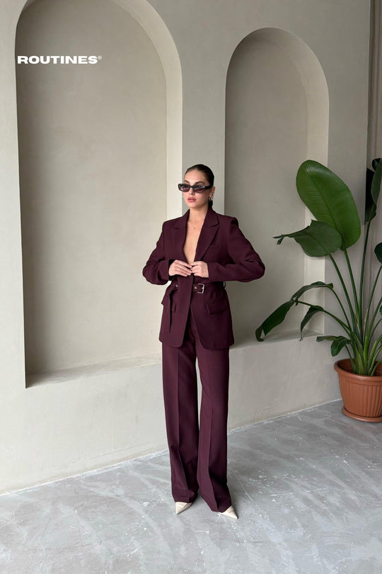 Routines Belted Blazer Two Piece Set - Burgundy 9367 Set Routines Fashion